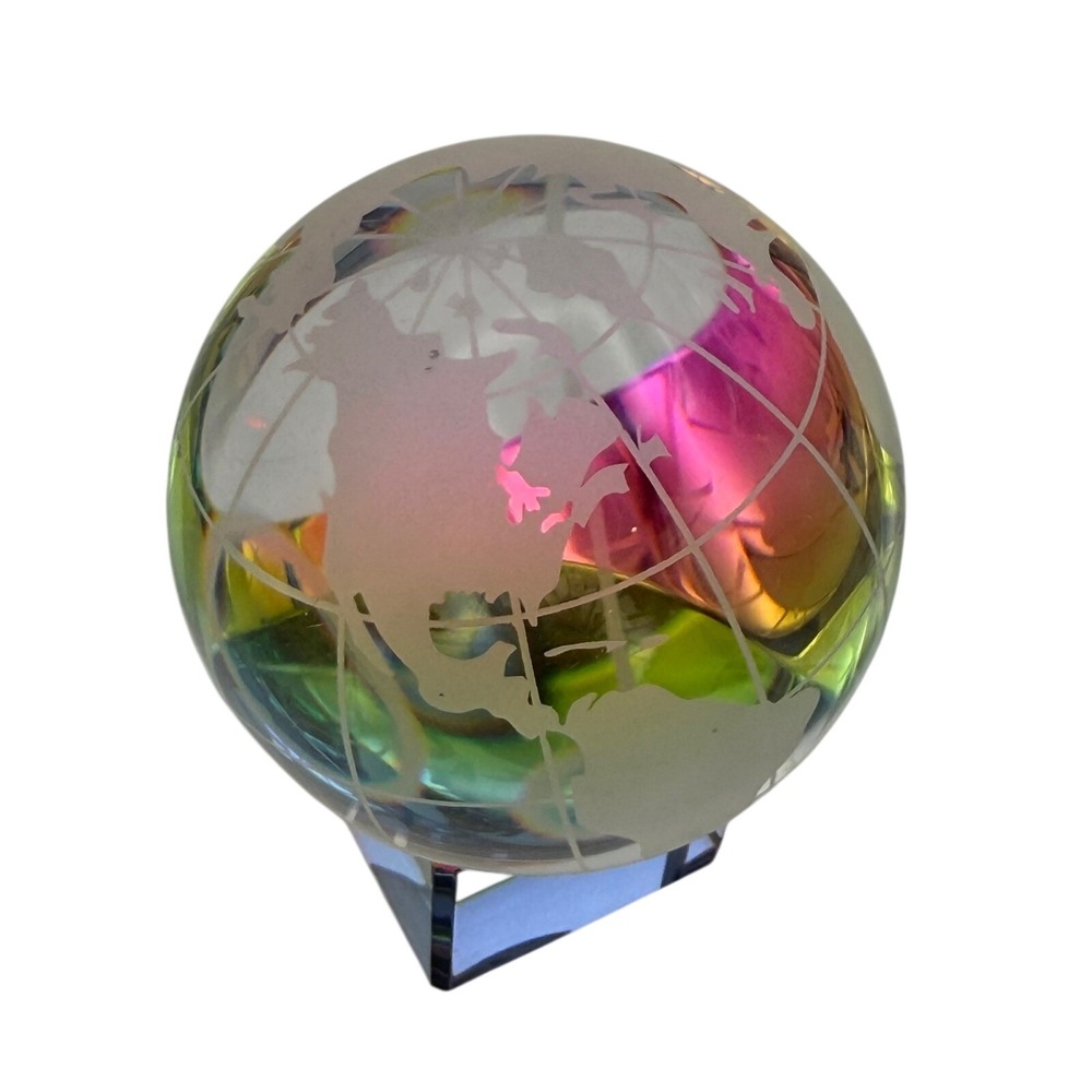 Crystal Globe Paperweight World Map Etched Glass Iridescent Prism Base Display
